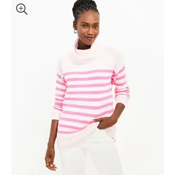 Blue Striped LOFT Cowl Neck Pullover Long Sleeve Tunic Sweater (NWT)